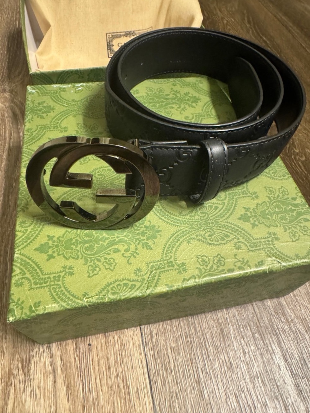 Gucci Black Embossed Leather Belt with Interlocking GG Buckle